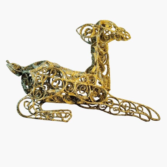 Gold Glitter Wire Reindeer Christmas Centerpiece Holiday Lying Down Figurine - Picture 8 of 9